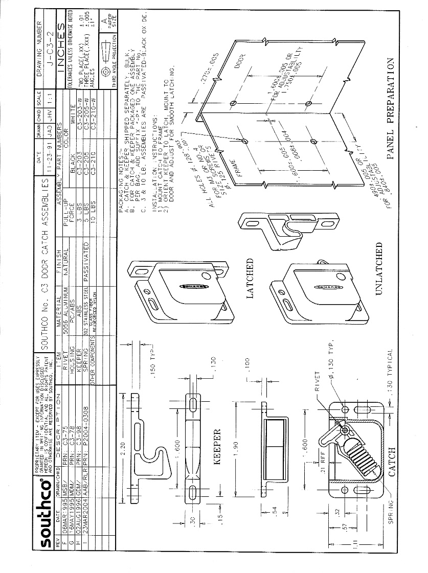 The supplier drawing indicates the latches are available in 3 LB, 5 LB and 10 LB retention.