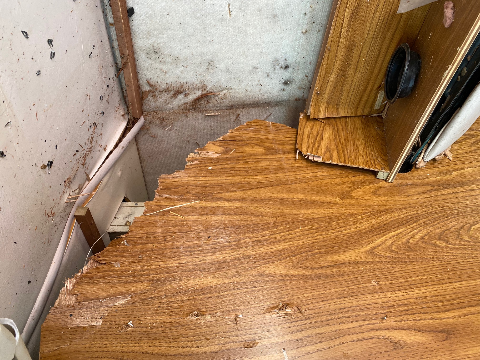 Driver's side above the bench seat. Note the wooden panel that separated the microwave and refrigerator from the front that came off the wall. Also note the glass chunks embedded  in the ceiling.